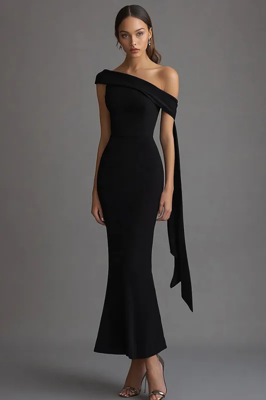 Crepe One Shoulder Sheath Black Tie Dress sold by Zapaka