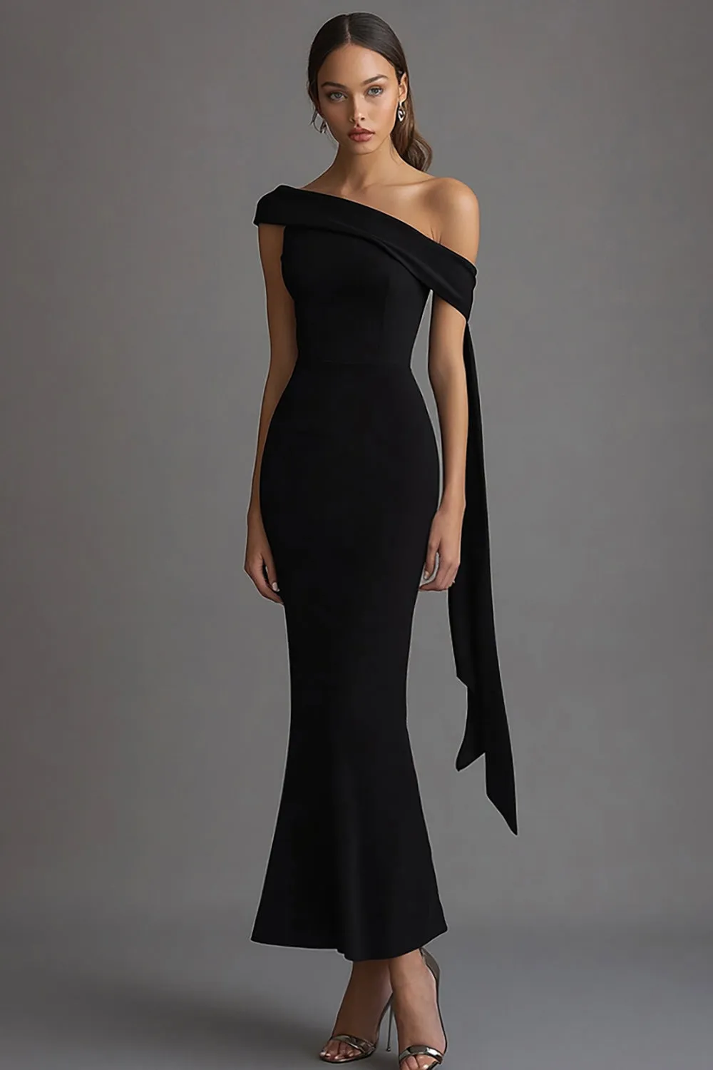 Crepe One Shoulder Sheath Black Tie Dress sold by Zapaka