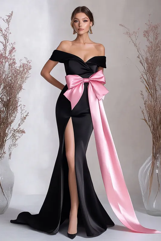 Off the Shoulder Satin Slit Mermaid Black Tie Dress with Pink Bowknot sold by Zapaka