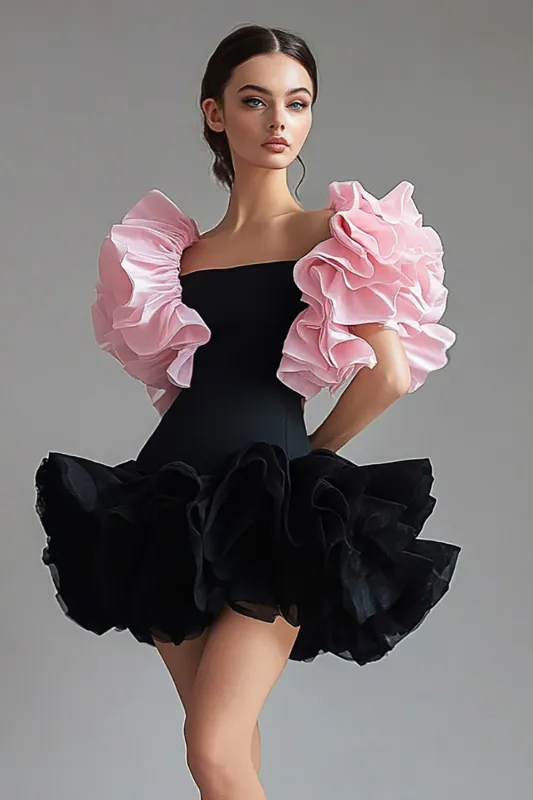 A Line Ruffles Short Sleeves Short Little Black Dress sold by Zapaka
