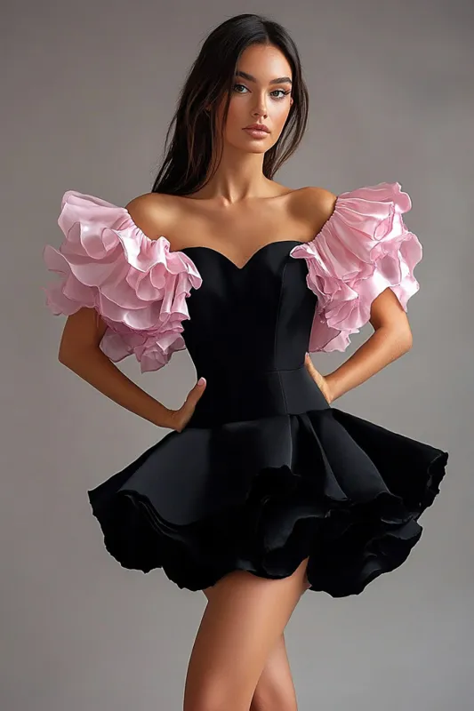 A Line Ruffles Off The Shoulder Short Little Black Dress sold by Zapaka