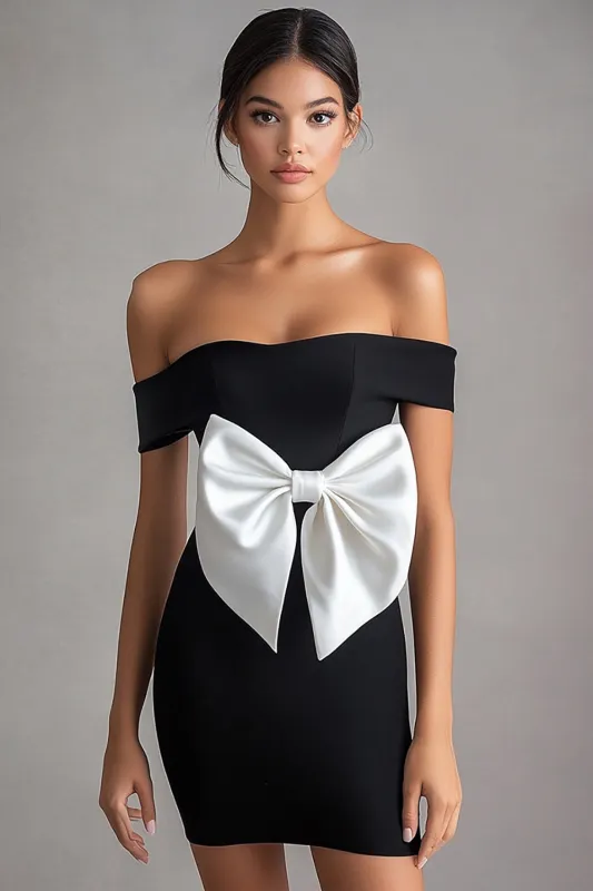 Bodycon Off The Shoulder Bow Short Little Black Dress sold by Zapaka