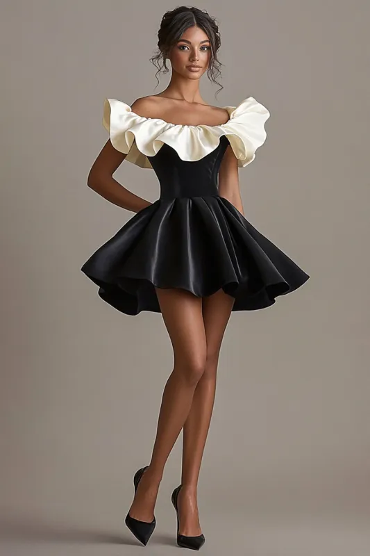 A Line Satin Off the Shoulder Short Little Black Dress sold by Zapaka