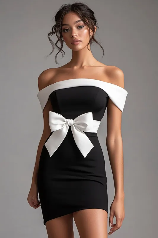 Bodycon Off The Shoulder Short Little Black Dress with Bow made by Zapaka