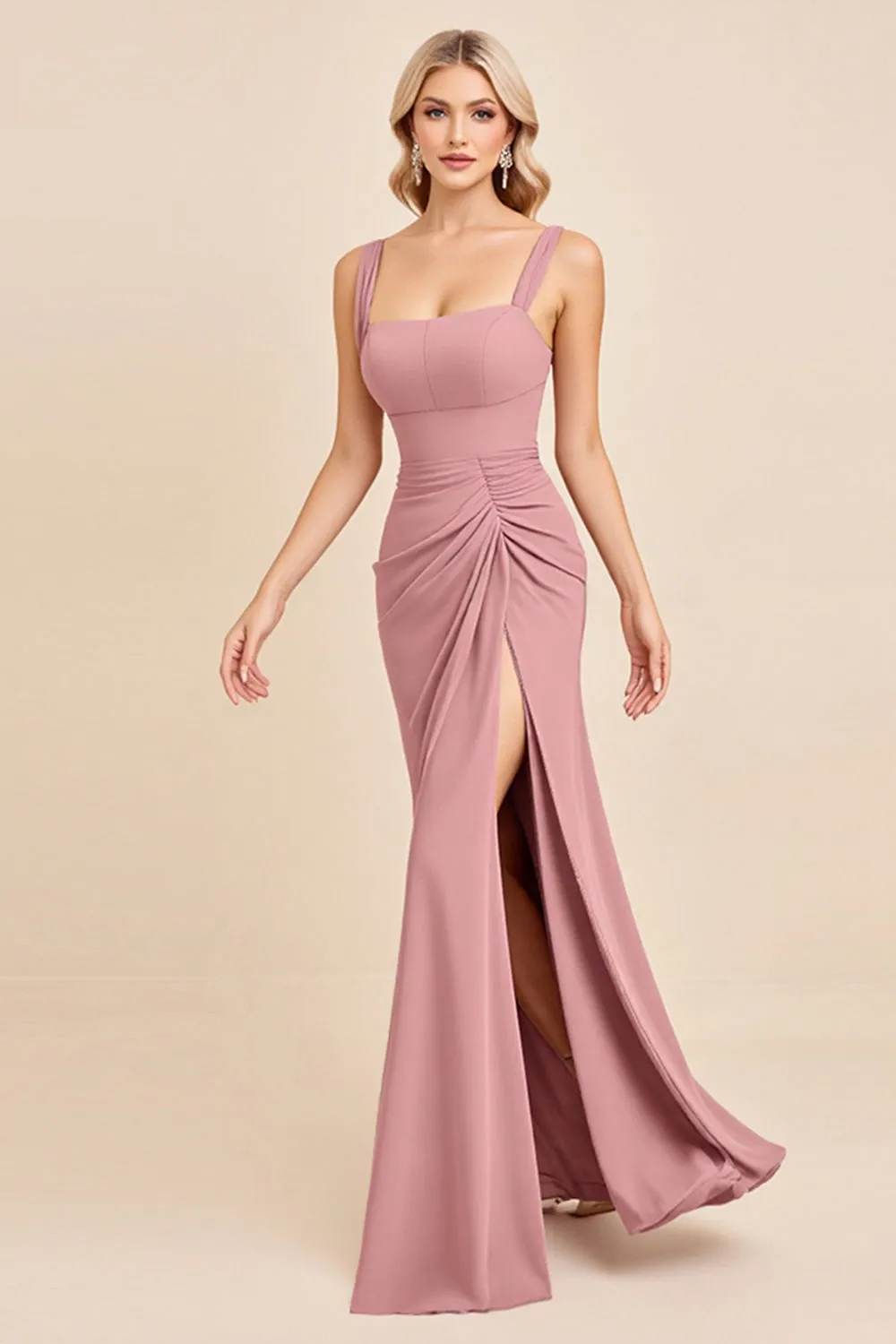Blush Pink Sheath Spaghetti Straps Long Bridesmaid Dress with Slit sold by Zapaka product image thumbnail 2