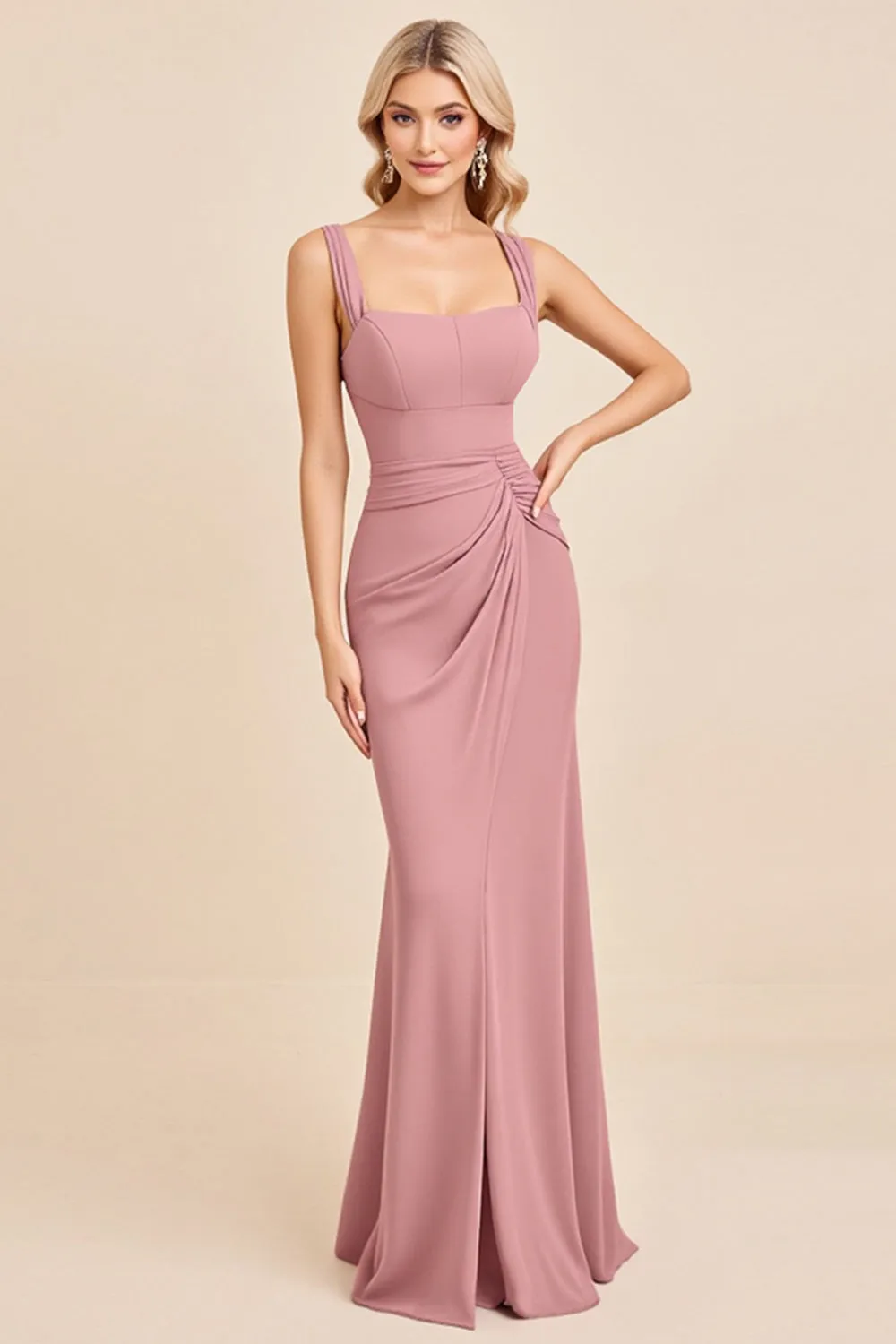 Blush Pink Sheath Spaghetti Straps Long Bridesmaid Dress with Slit sold by Zapaka