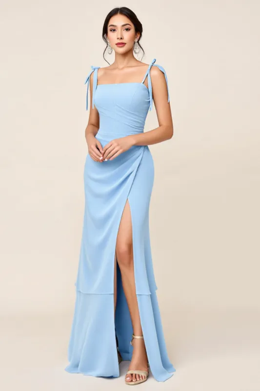 Sky Blue Sheath Spaghetti Straps Long Bridesmaid Dress with Slit sold by Zapaka