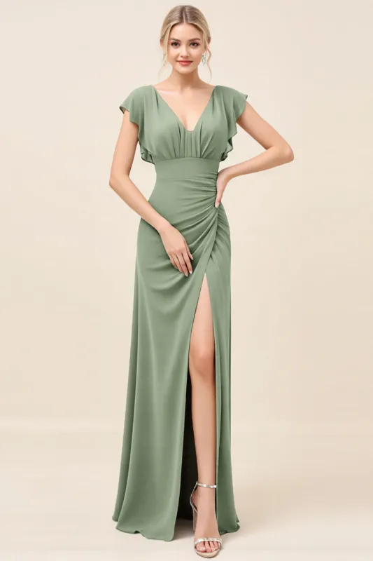 Eucalyptus V Neck Sheath Long Bridesmaid Dress with Slit sold by Zapaka