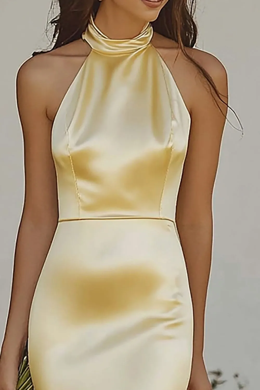 Light yellow Halter Mermaid Satin Bridesmaid Dress sold by Zapaka product image thumbnail 3