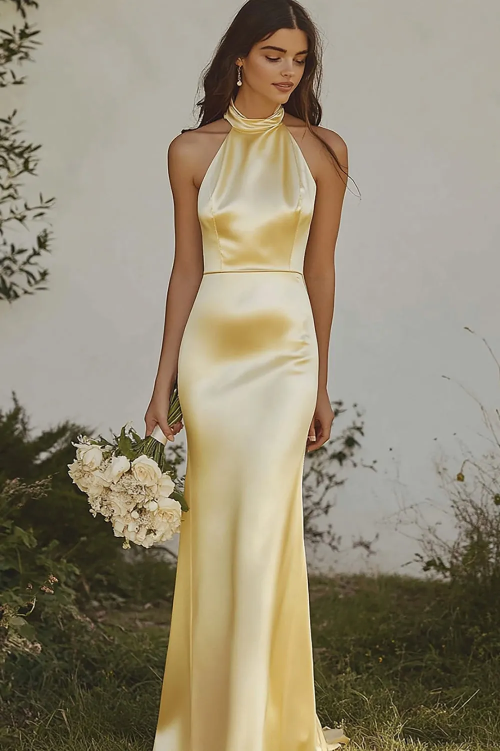 Light yellow Halter Mermaid Satin Bridesmaid Dress sold by Zapaka