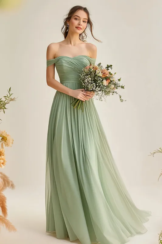 Off the Shoulder Dusty Sage A Line Chiffon Bridesmaid Dress sold by Zapaka