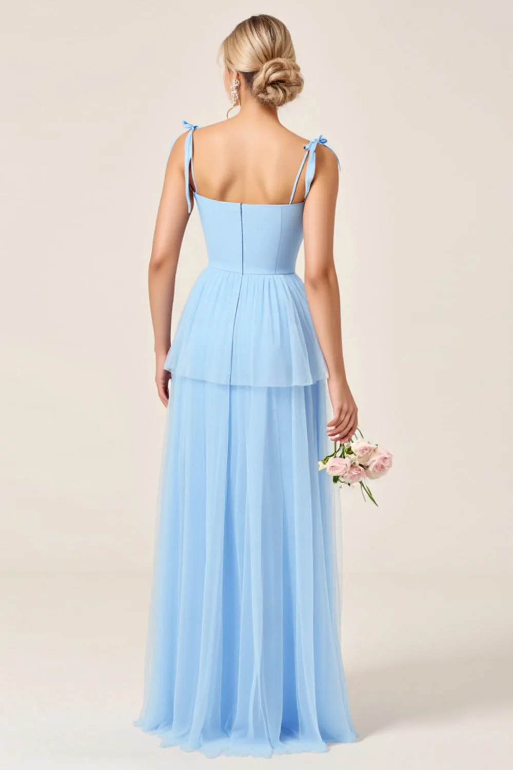 Sky Blue Tulle A Line Long Bridesmaid Dress with Slit sold by Zapaka product image thumbnail 2