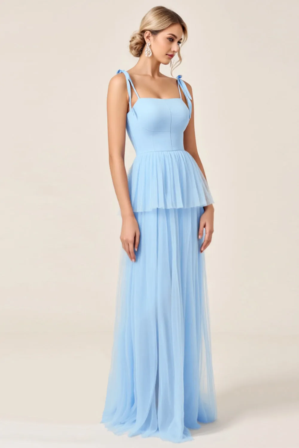 Sky Blue Tulle A Line Long Bridesmaid Dress with Slit sold by Zapaka product image thumbnail 3