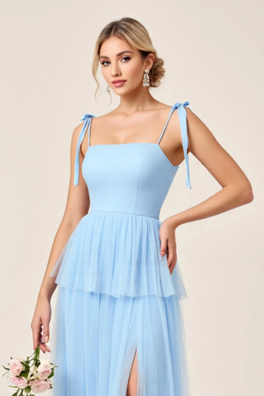 Sky Blue Tulle A Line Long Bridesmaid Dress with Slit sold by Zapaka product image thumbnail 4