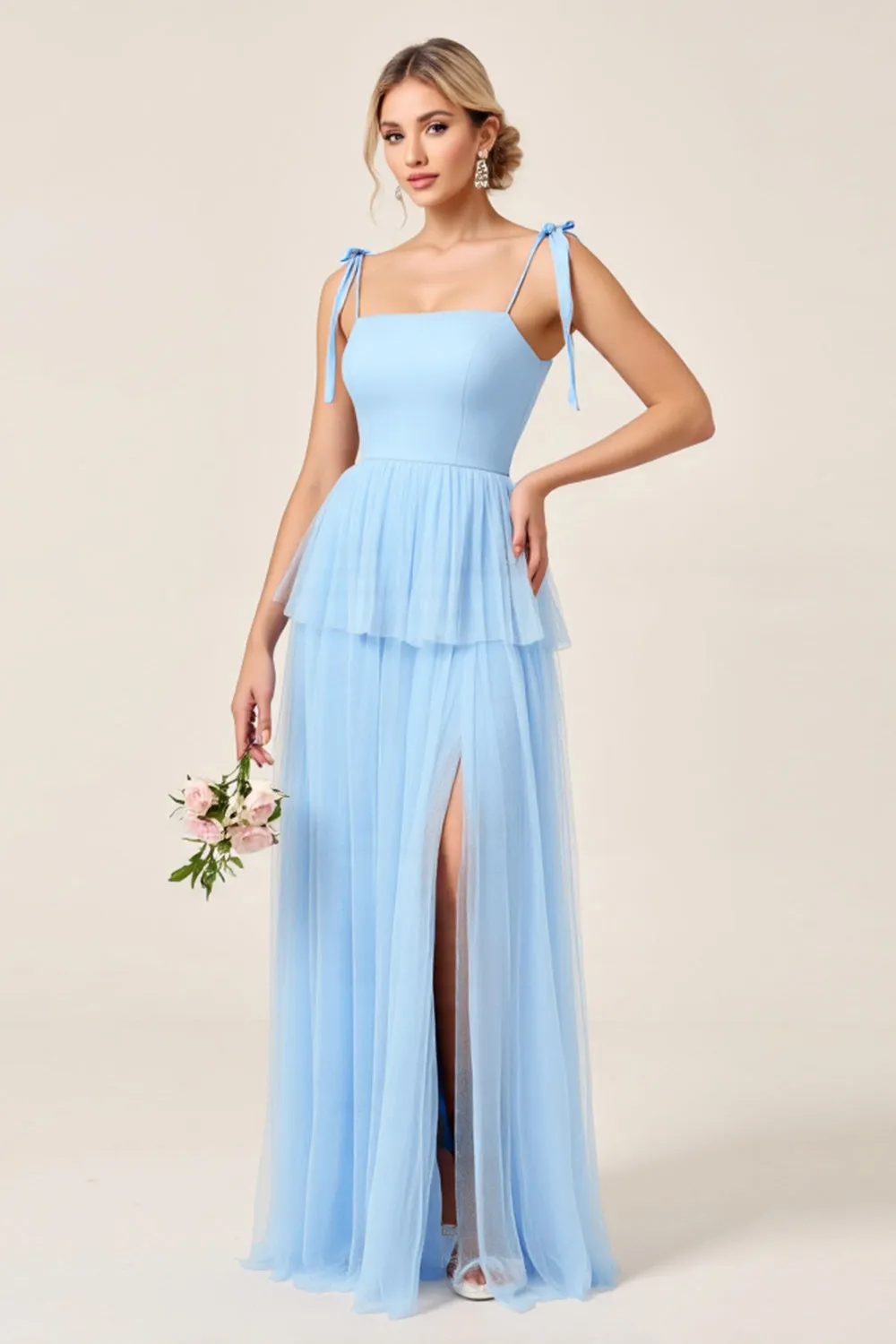 Sky Blue Tulle A Line Long Bridesmaid Dress with Slit sold by Zapaka