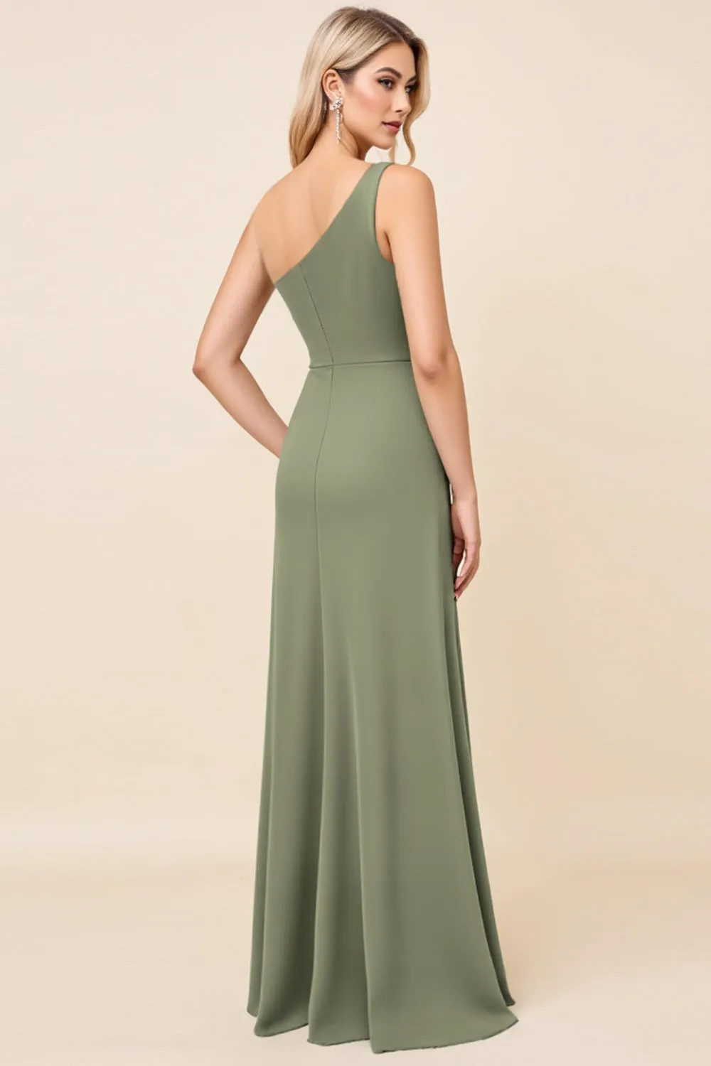 Eucalyptus One Shoulder Chiffon Long Bridesmaid Dress with Slit sold by Zapaka