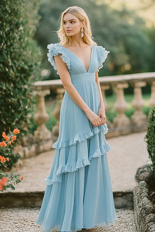 Sky Blue A Line V-Neck Chiffon Ruffles Bridesmaid Dress sold by Zapaka