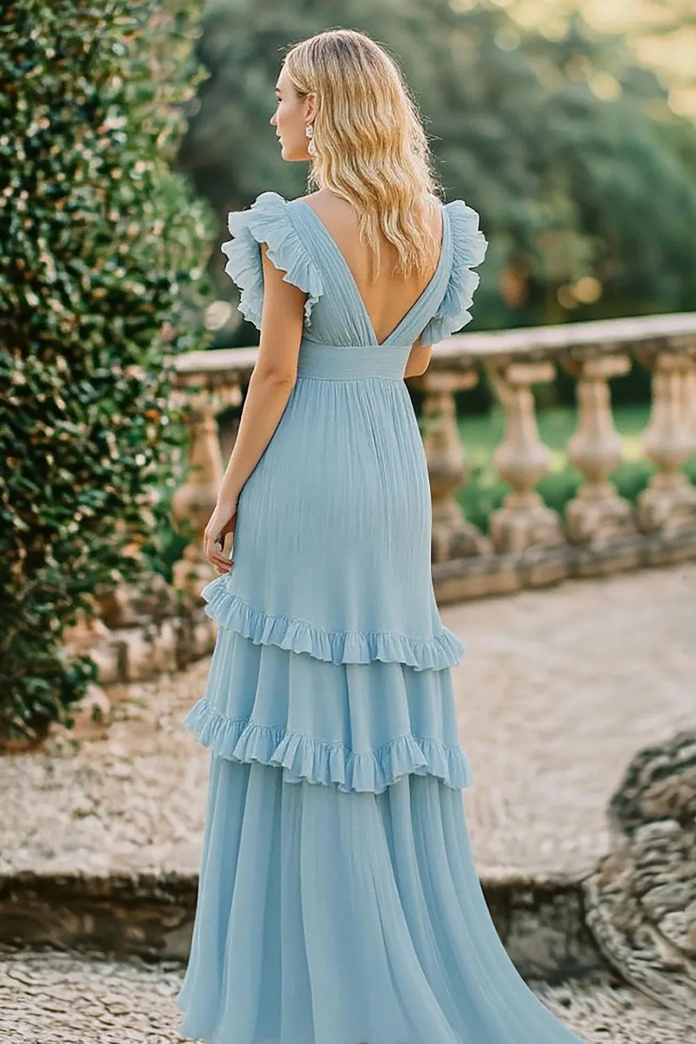 Sky Blue A Line V-Neck Chiffon Ruffles Bridesmaid Dress sold by Zapaka product image thumbnail 2