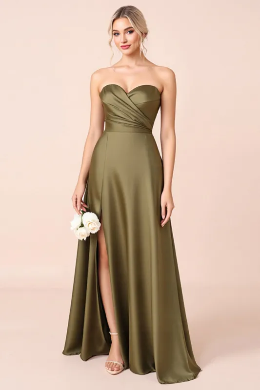 Olive Sweetheart A Line Long Bridesmaid Dress with Slit sold by Zapaka