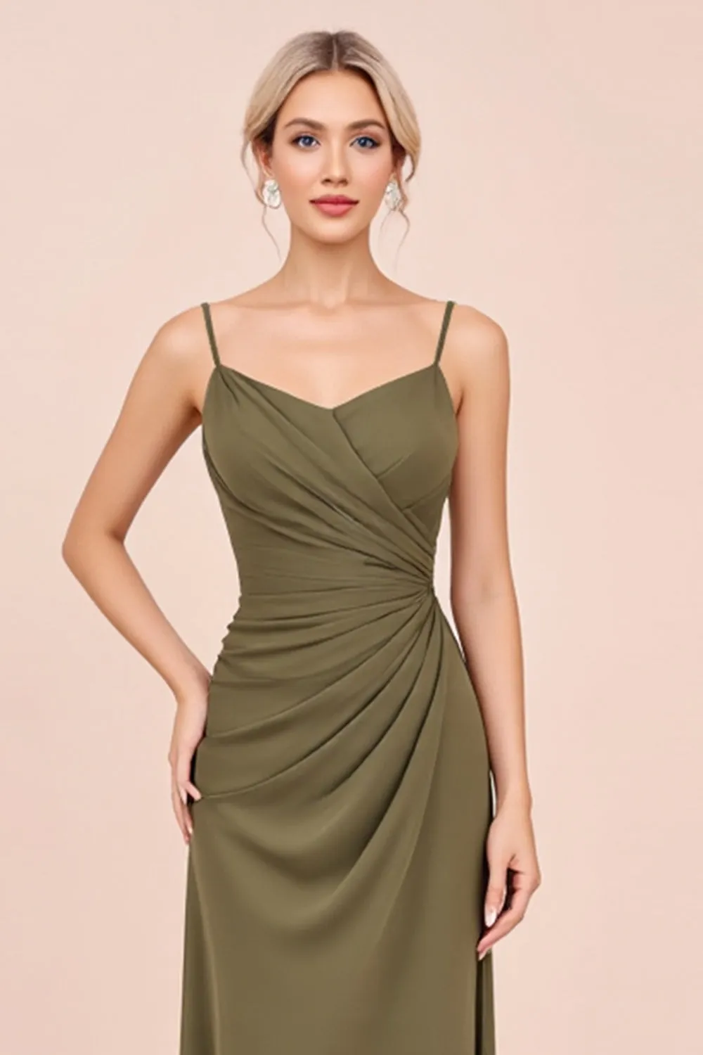 Olive Spaghetti Straps Sheath Ruched Long Bridesmaid Dress sold by Zapaka product image thumbnail 3