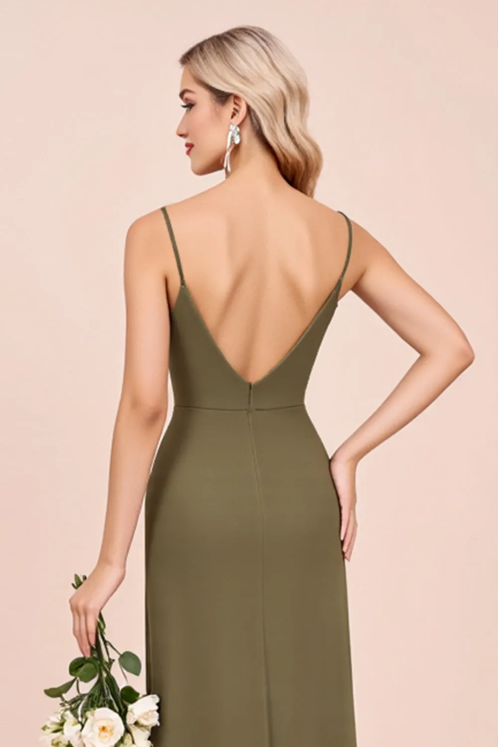Olive Spaghetti Straps Sheath Ruched Long Bridesmaid Dress sold by Zapaka product image thumbnail 4