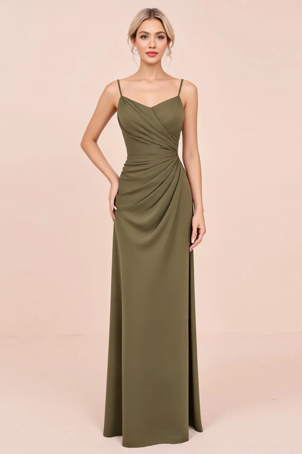 Olive Spaghetti Straps Sheath Ruched Long Bridesmaid Dress sold by Zapaka