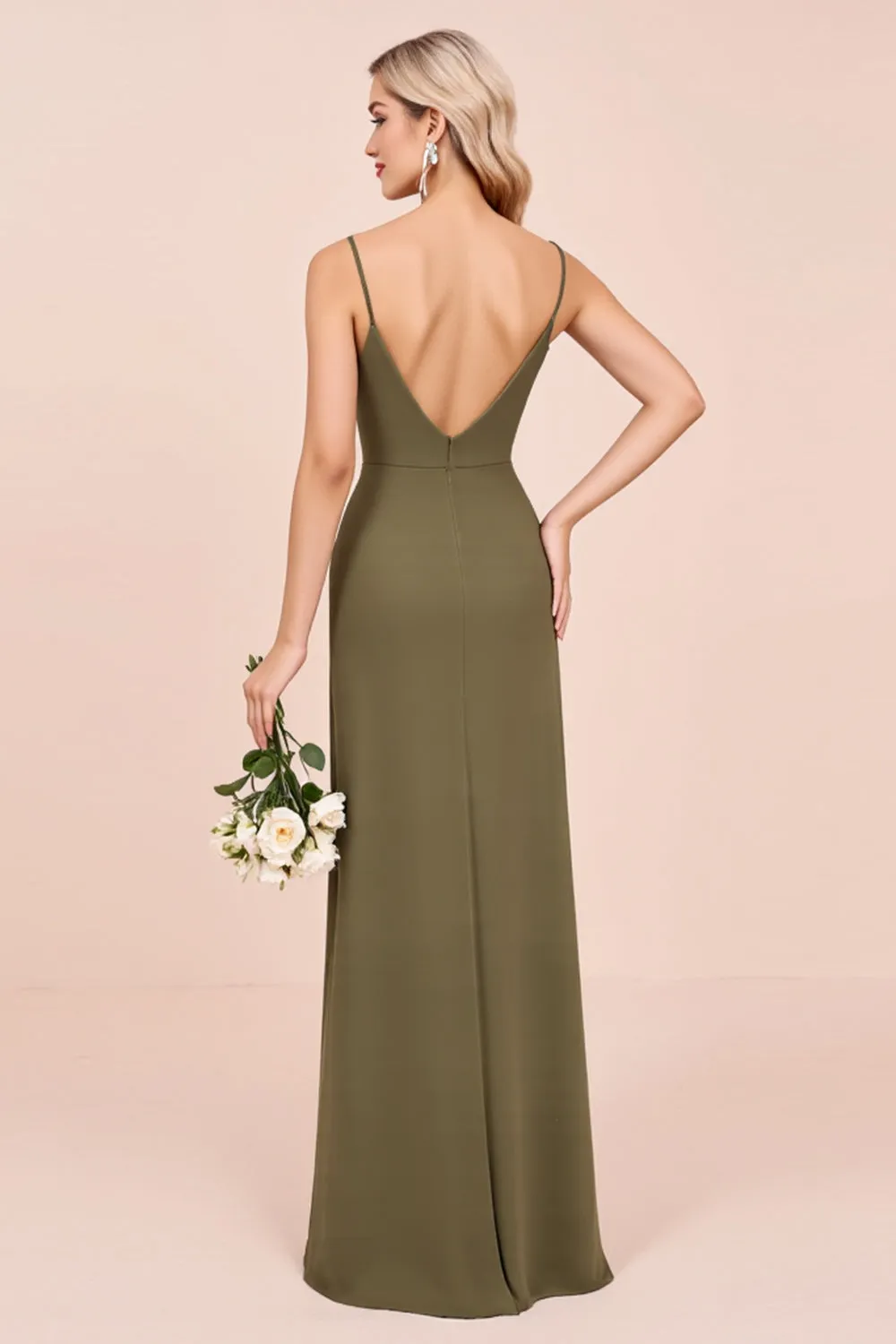 Olive Spaghetti Straps Sheath Ruched Long Bridesmaid Dress sold by Zapaka product image thumbnail 2