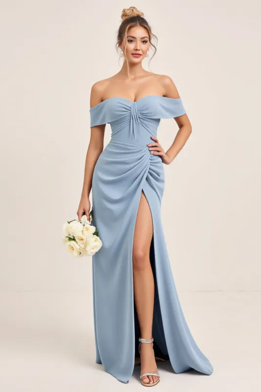 Dusty Blue Off The Shoulder Chiffon Long Bridesmaid Dress with Slit sold by Zapaka