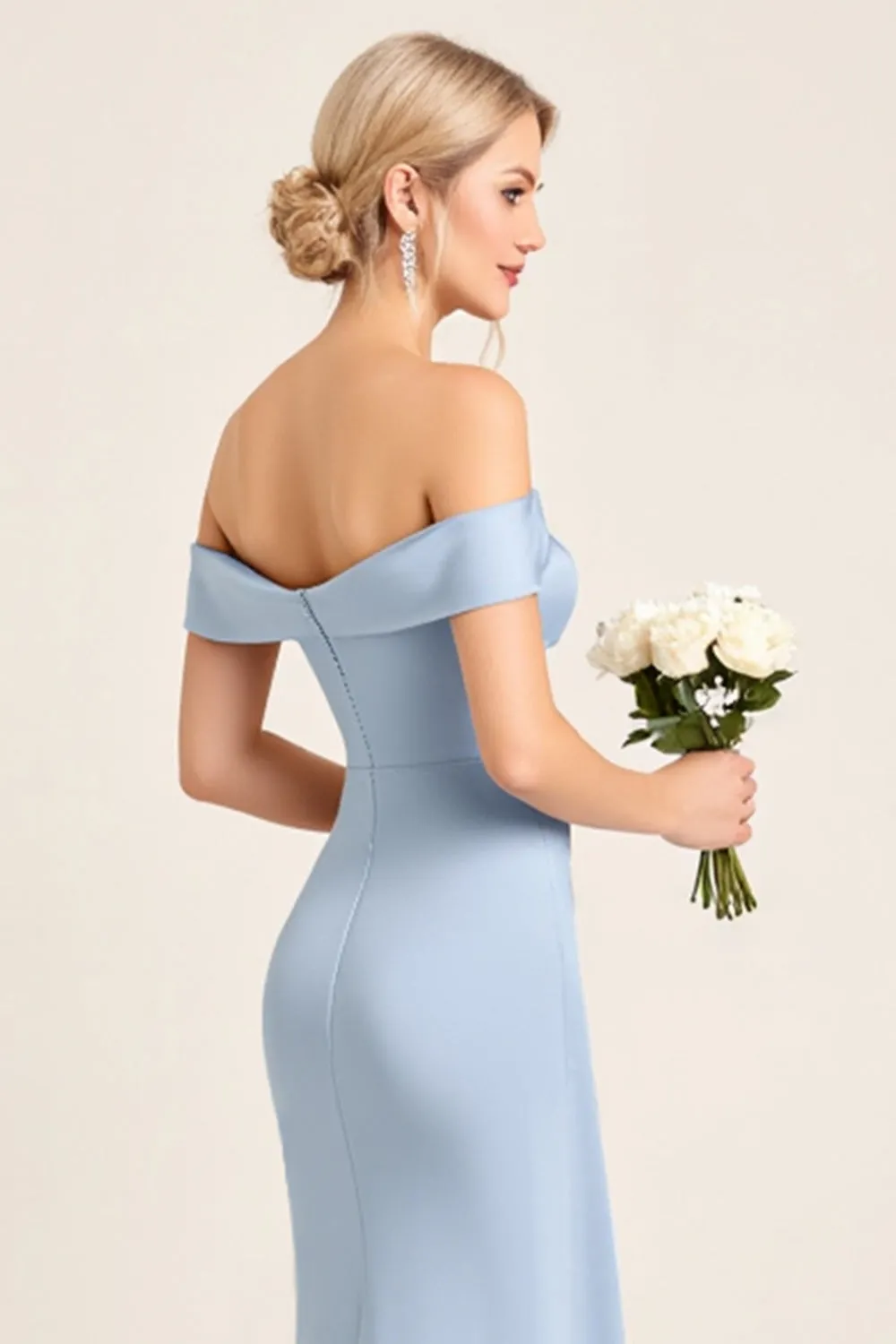 Dusty Blue Mermaid Off the Shoulder Ruched Long Bridesmaid Dress with Slit sold by Zapaka product image thumbnail 4