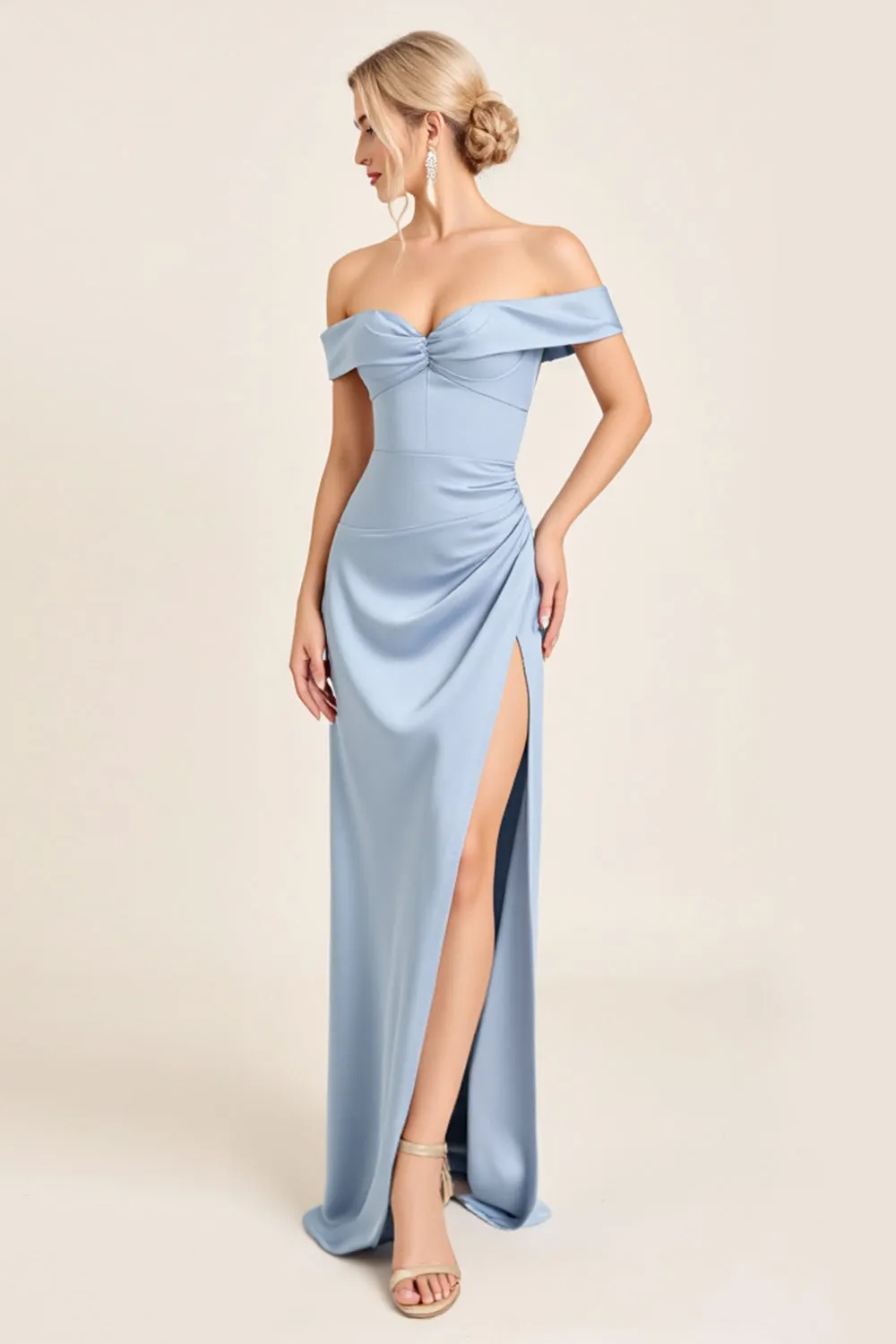 Dusty Blue Mermaid Off the Shoulder Ruched Long Bridesmaid Dress with Slit sold by Zapaka