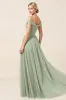 Off The Shoulder A Line Matcha Tulle Long Bridesmaid Dress with Slit sold by Zapaka