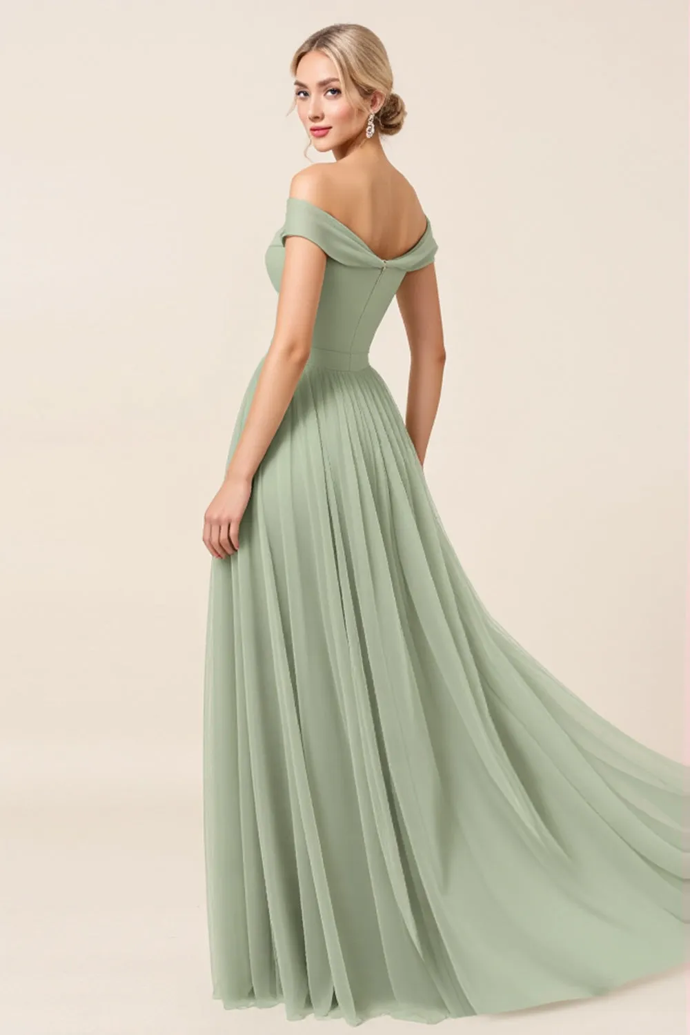 Off The Shoulder A Line Matcha Tulle Long Bridesmaid Dress with Slit sold by Zapaka product image thumbnail 3