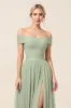 Off The Shoulder A Line Matcha Tulle Long Bridesmaid Dress with Slit sold by Zapaka