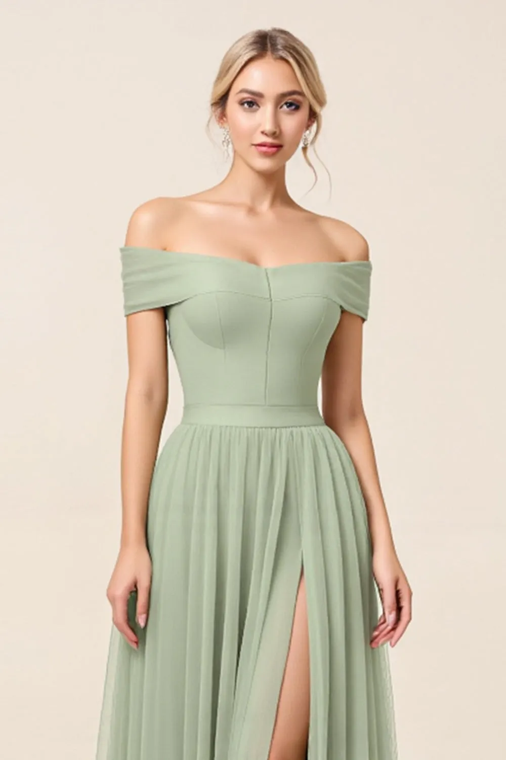 Off The Shoulder A Line Matcha Tulle Long Bridesmaid Dress with Slit sold by Zapaka product image thumbnail 4