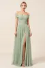 Off The Shoulder A Line Matcha Tulle Long Bridesmaid Dress with Slit sold by Zapaka
