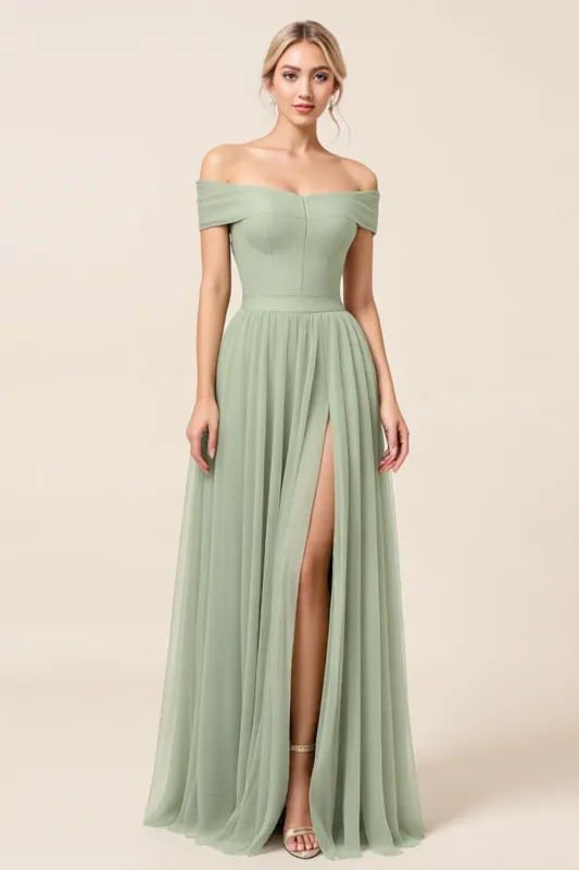 Off The Shoulder A Line Matcha Tulle Long Bridesmaid Dress with Slit sold by Zapaka