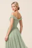 Off The Shoulder A Line Matcha Tulle Long Bridesmaid Dress with Slit sold by Zapaka