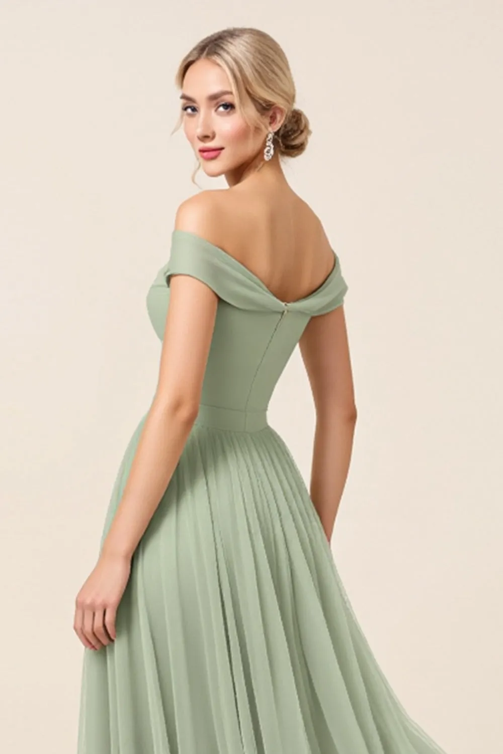 Off The Shoulder A Line Matcha Tulle Long Bridesmaid Dress with Slit sold by Zapaka product image thumbnail 5