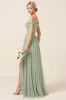 Off The Shoulder A Line Matcha Tulle Long Bridesmaid Dress with Slit sold by Zapaka