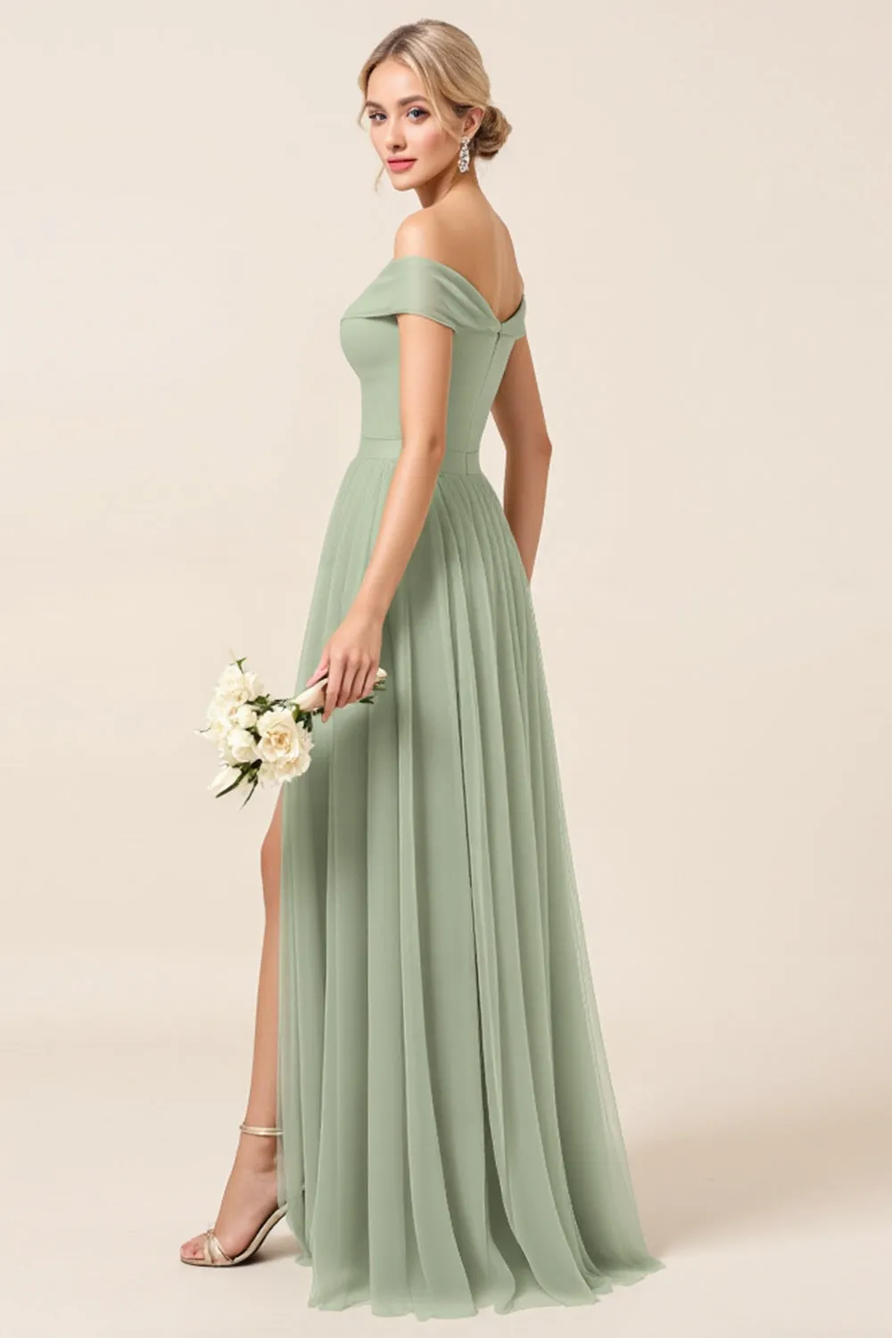 Off The Shoulder A Line Matcha Tulle Long Bridesmaid Dress with Slit sold by Zapaka product image thumbnail 2