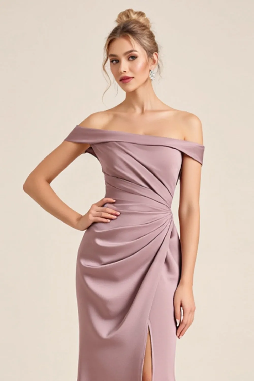 Vintage Mauve Sheath Off the Shoulder Ruched Long Bridesmaid Dress with Slit sold by Zapaka product image thumbnail 4