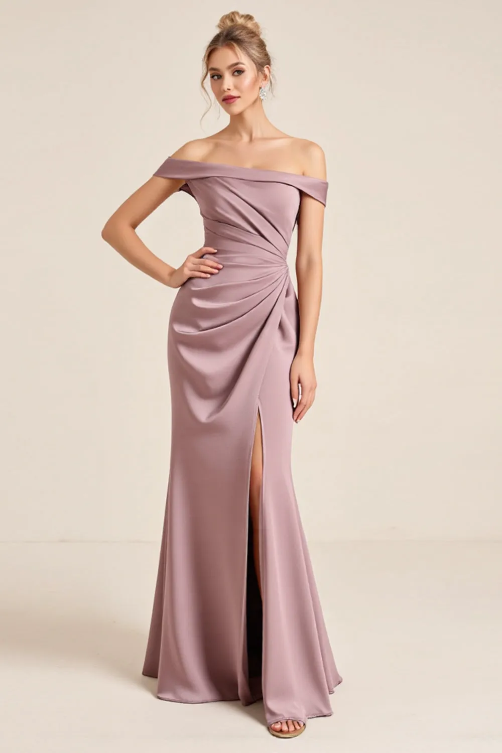Vintage Mauve Sheath Off the Shoulder Ruched Long Bridesmaid Dress with Slit sold by Zapaka