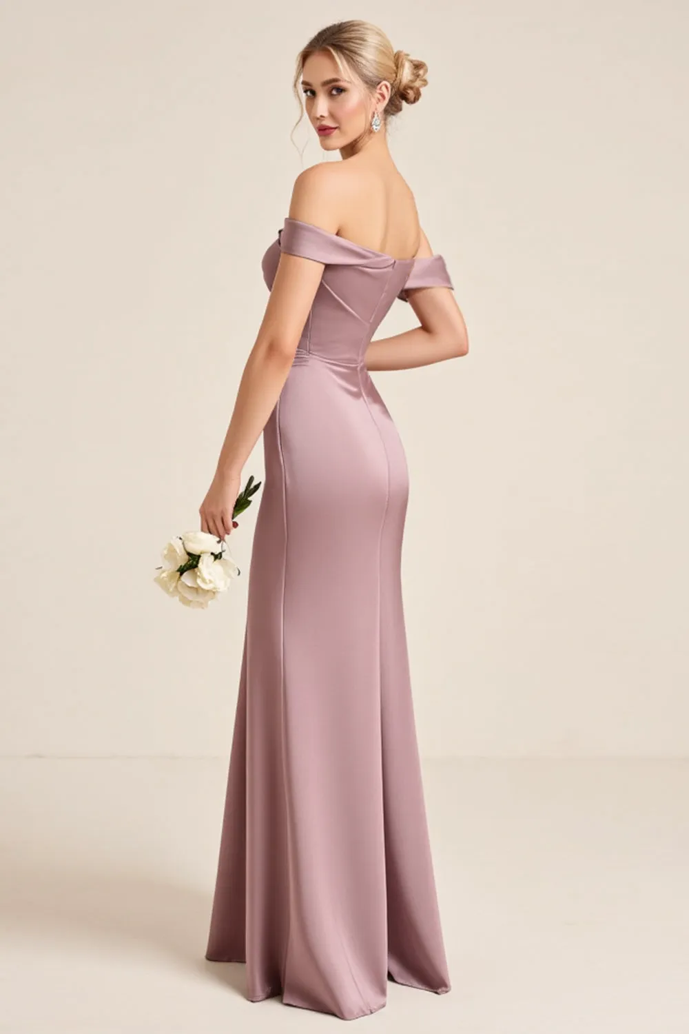 Vintage Mauve Sheath Off the Shoulder Ruched Long Bridesmaid Dress with Slit sold by Zapaka product image thumbnail 2