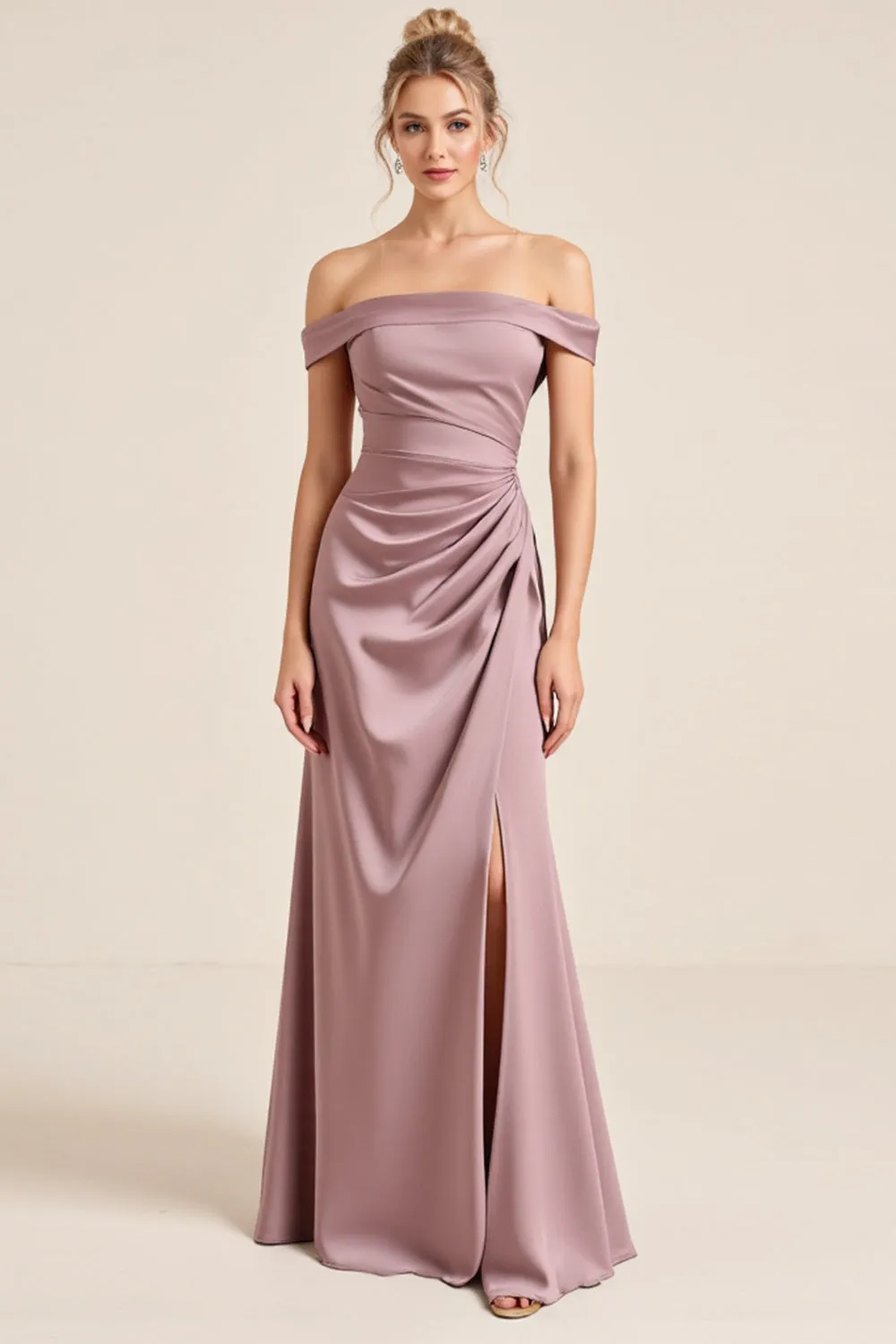 Vintage Mauve Sheath Off the Shoulder Ruched Long Bridesmaid Dress with Slit sold by Zapaka product image thumbnail 3