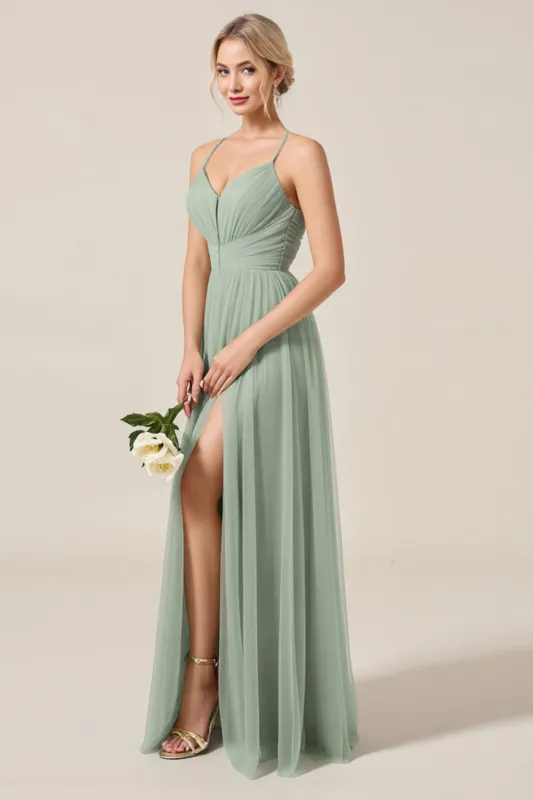 Matcha A-Line Spaghetti Straps Ruched Tulle Long Bridesmaid Dress with Slit sold by Zapaka