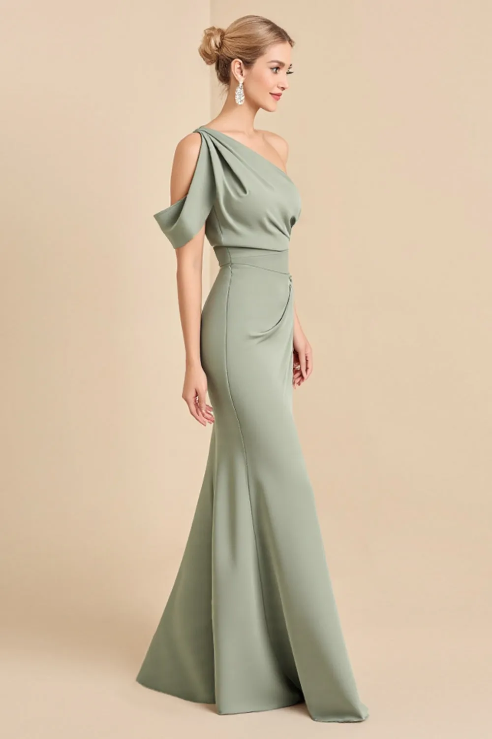 Matcha One Shoulder Mermaid Long Satin Bridesmaid Dress sold by Zapaka product image thumbnail 2