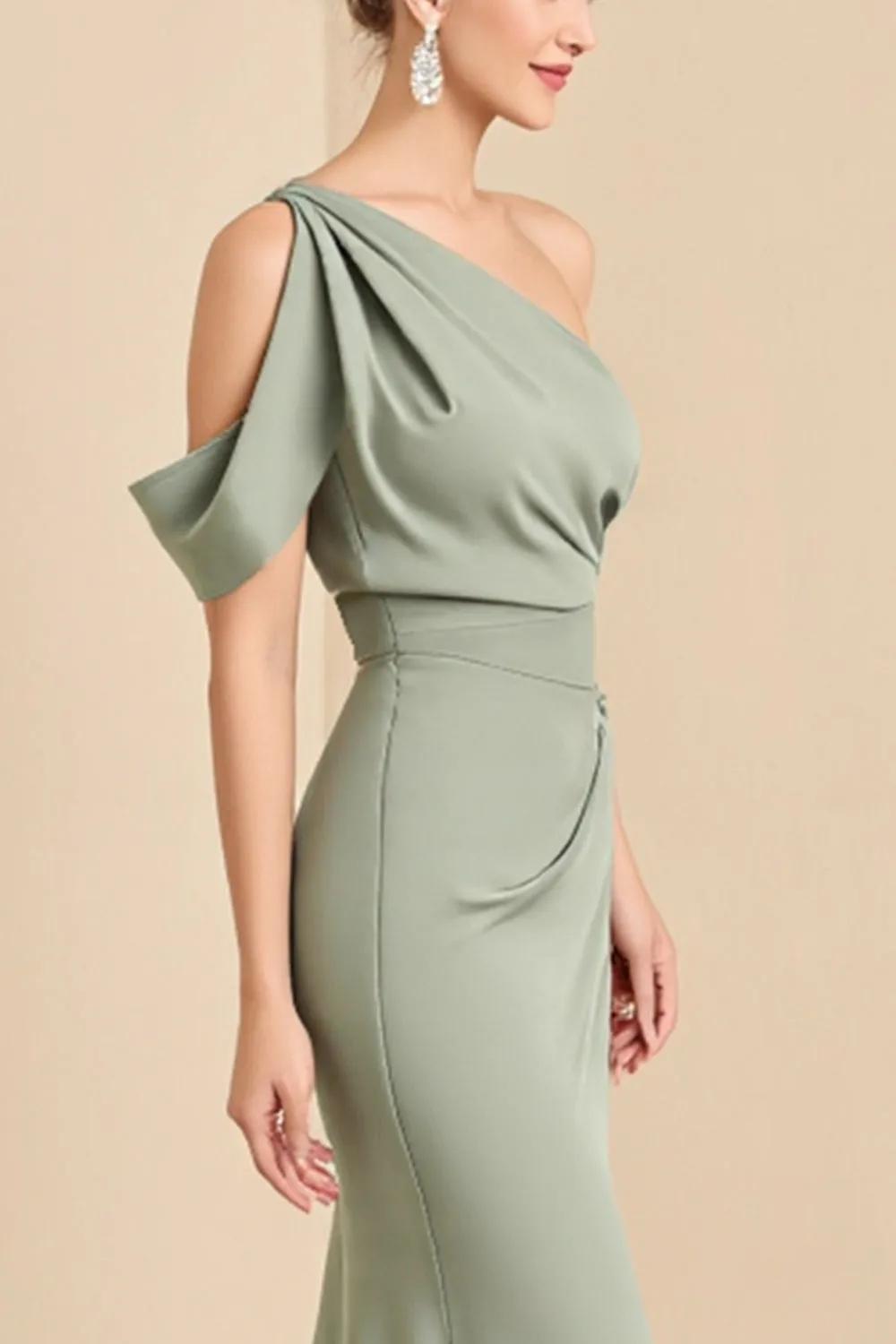 Matcha One Shoulder Mermaid Long Satin Bridesmaid Dress sold by Zapaka product image thumbnail 4