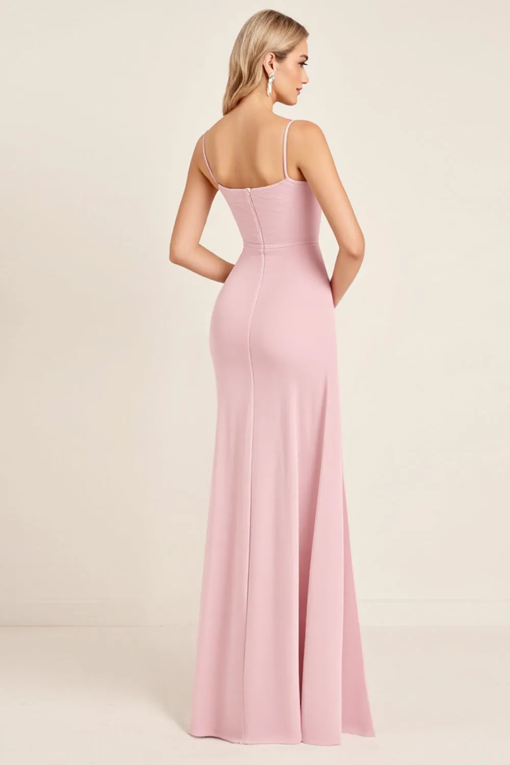 Candy Pink Mermaid Spaghetti Straps Ruched Satin Long Bridesmaid Dress sold by Zapaka product image thumbnail 2