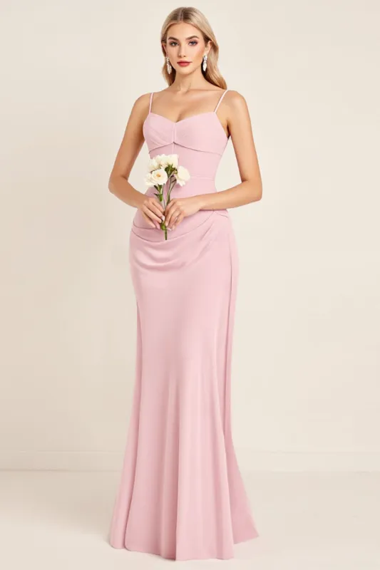 Candy Pink Mermaid Spaghetti Straps Ruched Satin Long Bridesmaid Dress sold by Zapaka