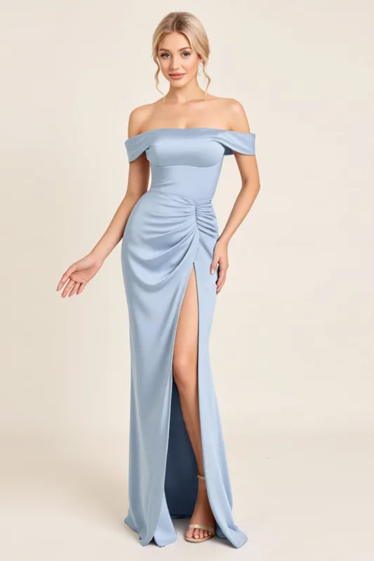 Dusty Blue Off the Shoulder Long Bridesmaid Dress with Slit sold by Zapaka